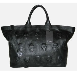 IO Pelle Italian Pebbled Leather Black Skull Embossed Tote Shoulder Bag …